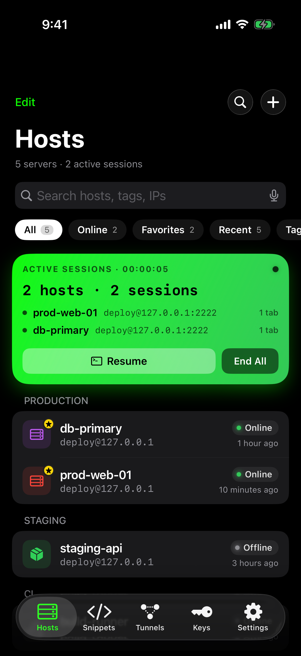 Termite Hosts screen — saved servers with live status