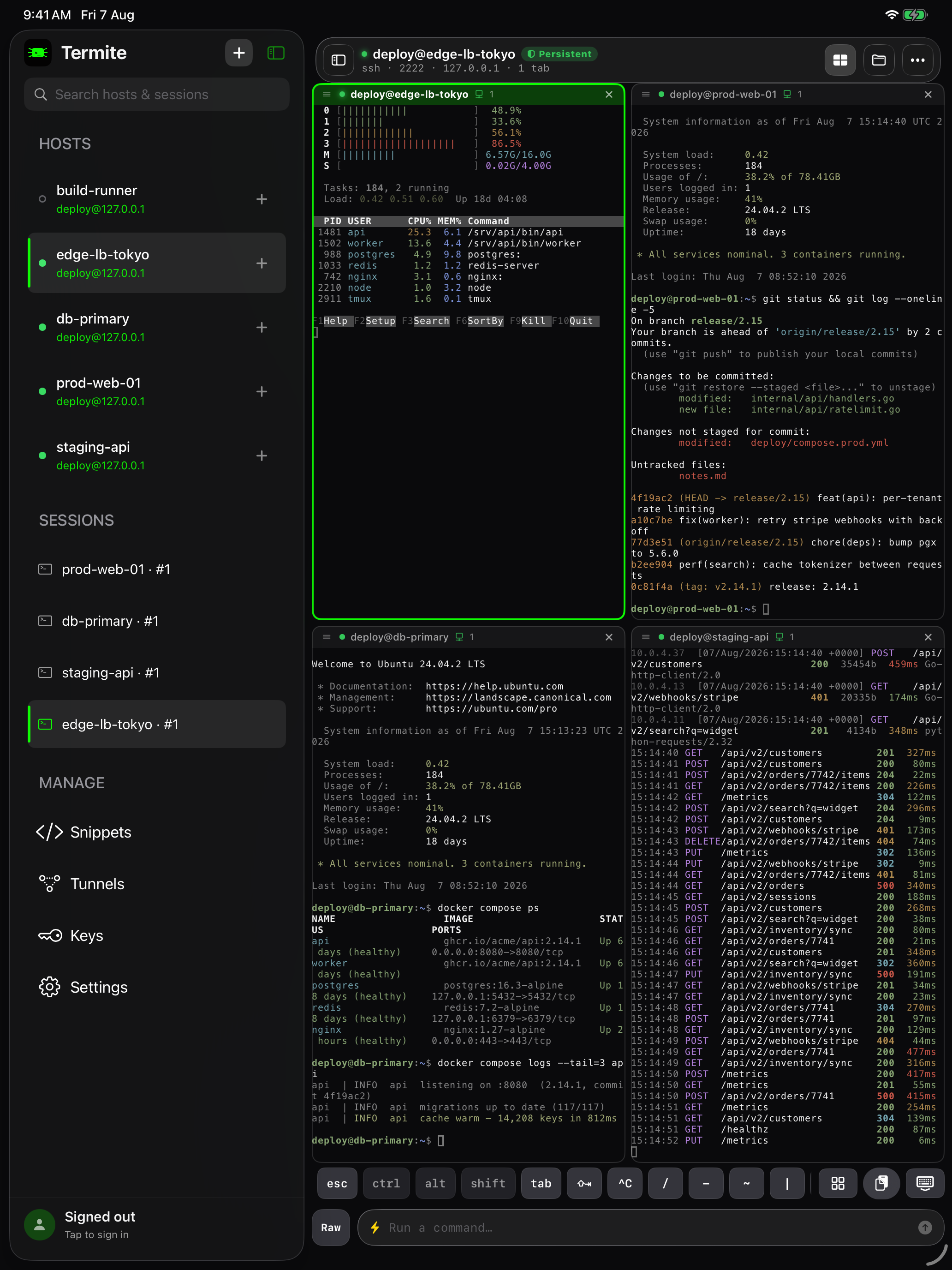iPad — four SSH sessions in a 2×2 split with sidebar