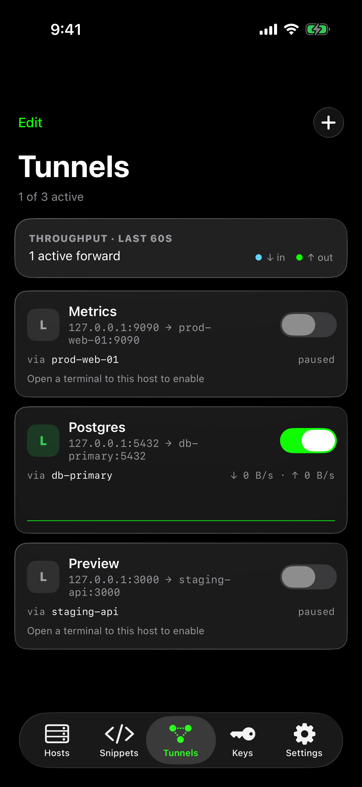 Port forwarding with on/off switches and live throughput