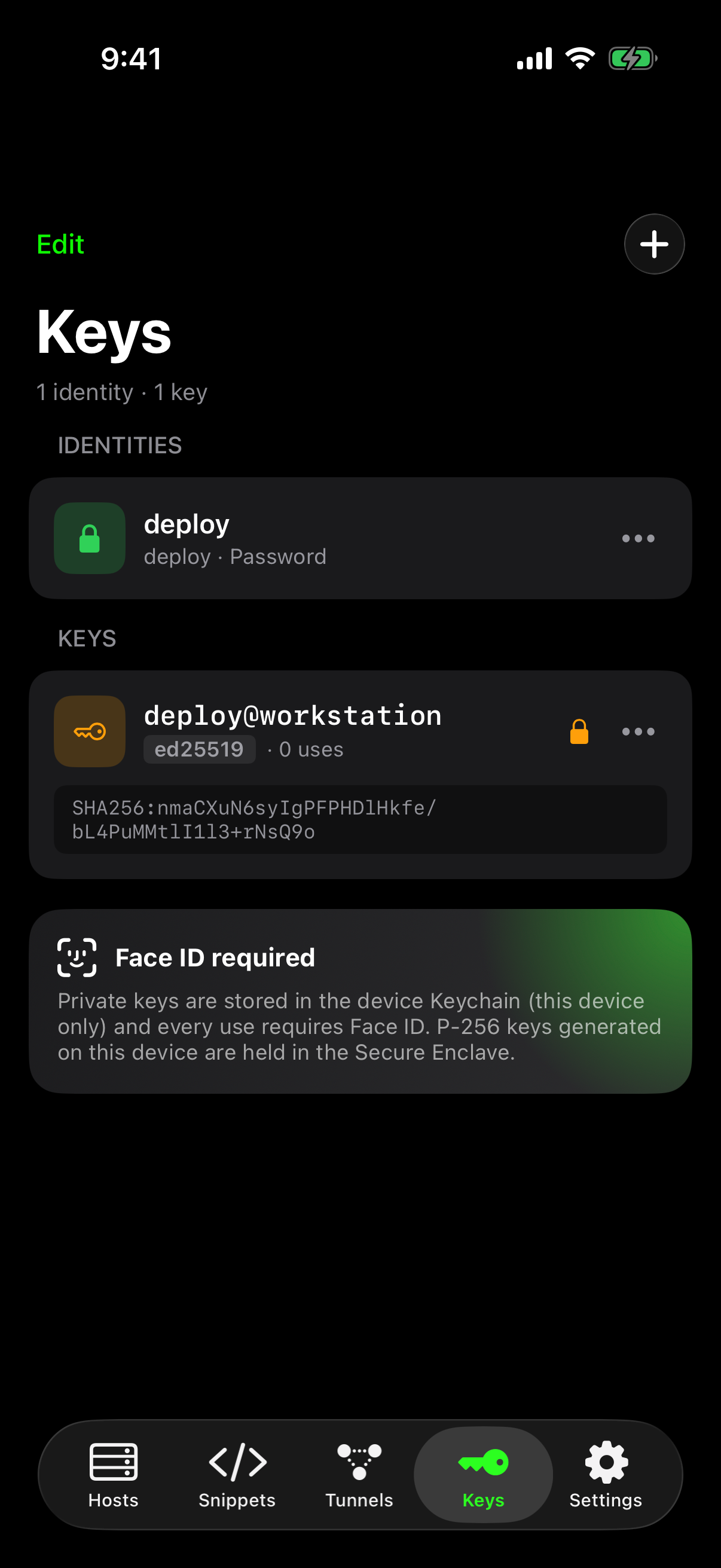 Keys and identities — Face ID required, Secure Enclave
